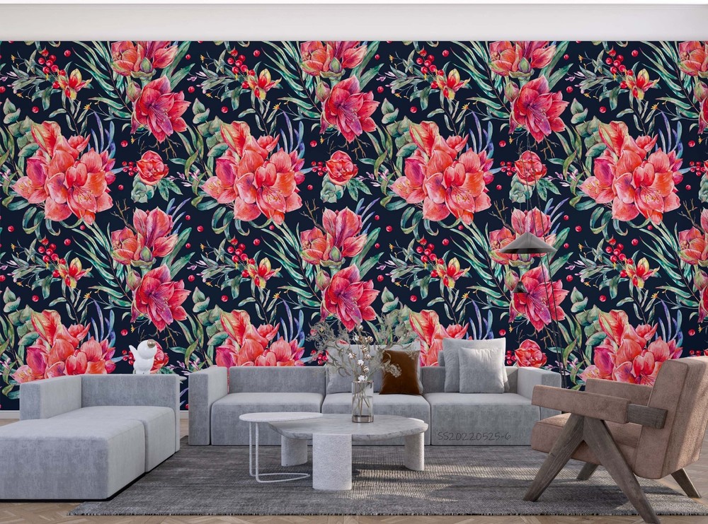 3D Red Flowers Flora Pattern Wall Murals Wallpaper Murals Wall Sticker