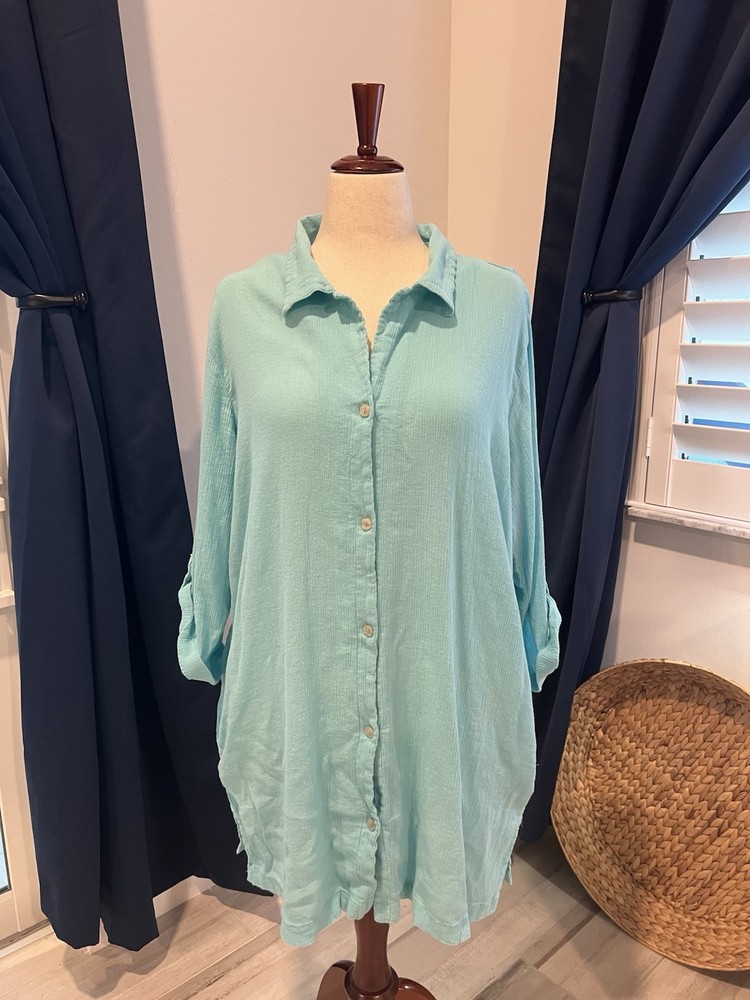 Comfy Gauze Long Shirt XL 100%Cotton- Cover Up- Beach- Pool- Casual- Aqua-Resort