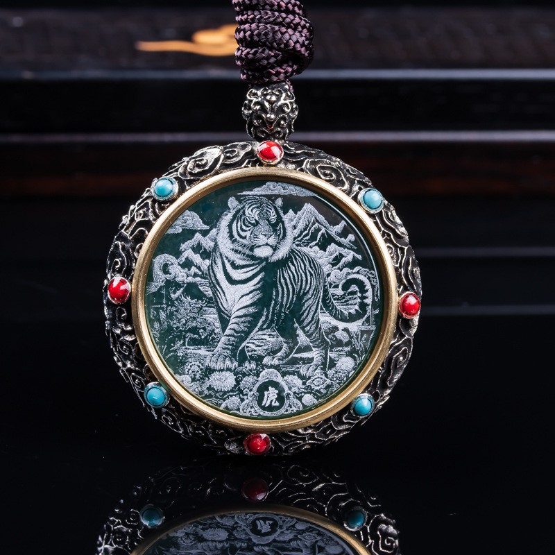 Natural A-grade jadeite zodiac wheel pendant with blue water inlay