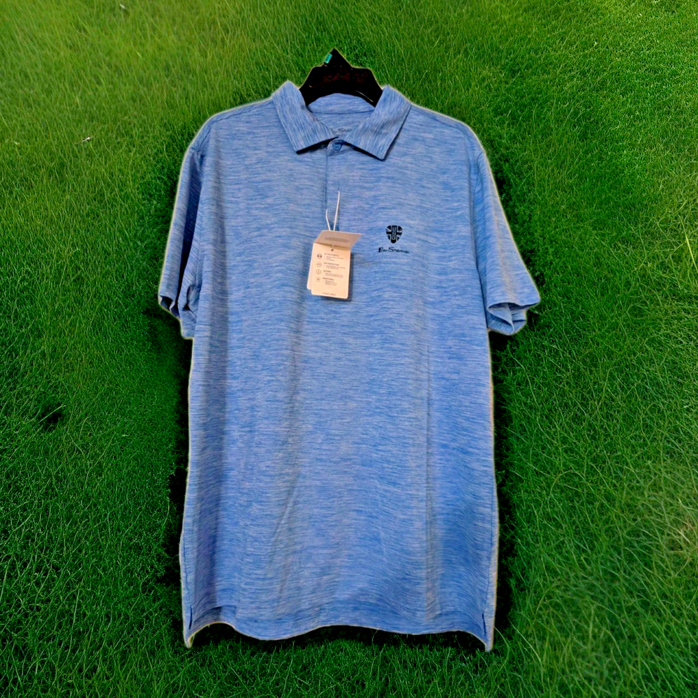 NEW MENS MEDIUM BEN SHERMAN GOLF SPORT AZURE BLUE HEATHER STRETCH POLO SHIRT V2