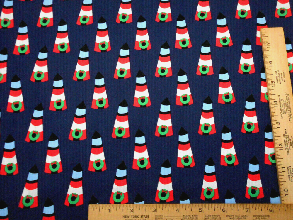 Christmas Fabric By Yard Xmas Lighthouses on Dusty Navy Blue Premium Cotton #1