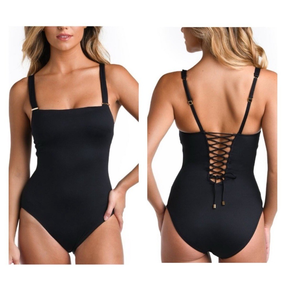 LA BLANCA Black Luxe One Piece Swimsuit with Tummy Control Compression NWT