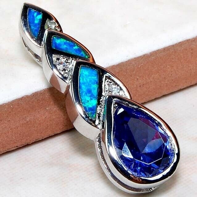 Treated Sapphire & Australian Opal Inlay 925 Sterling Silver Pendant OP1