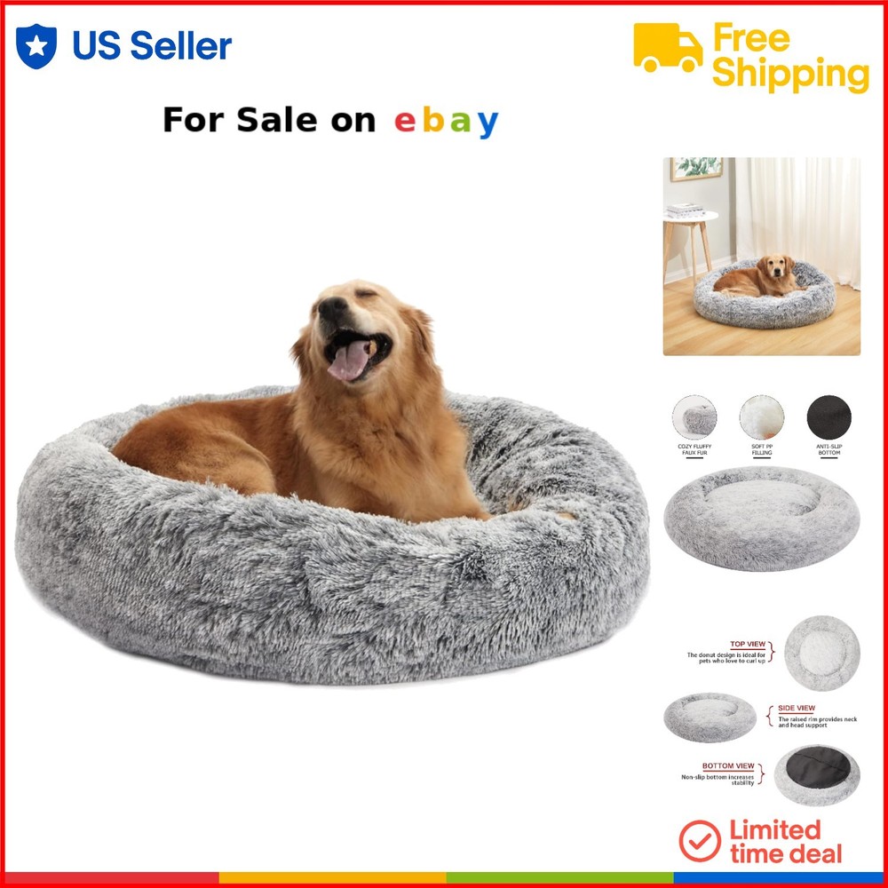 Fluffy Faux Fur 36-Inch Round Dog Bed for Large Pets with Calming Anti-Anxiety Support