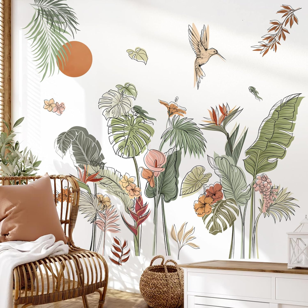 Boho Tropical Leaves Flower Wall Decals Bohemian Floral Plants Sun Wall Stickers