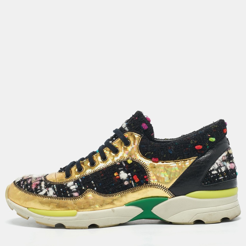Chanel Multicolor Tweed Leather Lace-Up Sneakers Size 38 EU