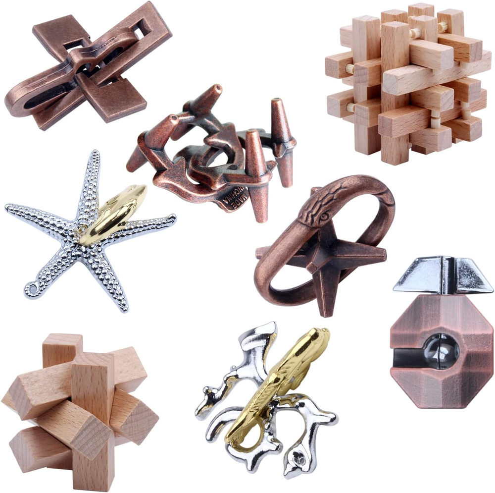 8 Pieces Wooden and Metal Brain Teaser Puzzles 3D Education Toys for Adults and