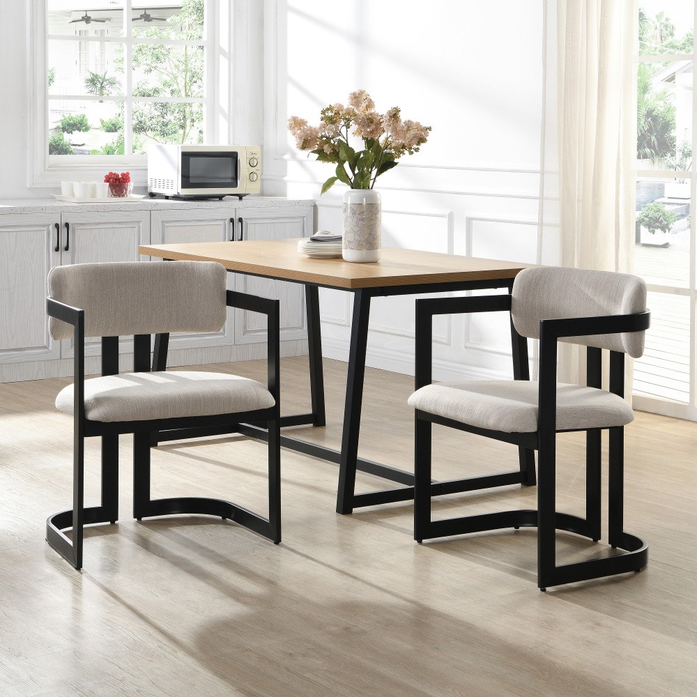 Upholstered Dining Chairs Fabric Armchairs W Beige Seating Black Metal Frame