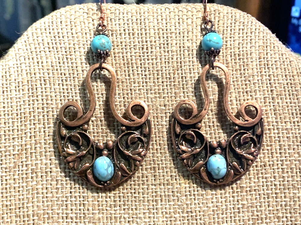 ON SALE * HANDCRAFTED LG. EGYPTIAN COPPER METAL-ART & TURQUOISE DROP EARRINGS