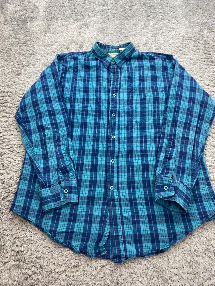 Vintage 90s LL Bean Mens Large Aqua Blue Plaid Flannel Button Up Shirt Made in USA
