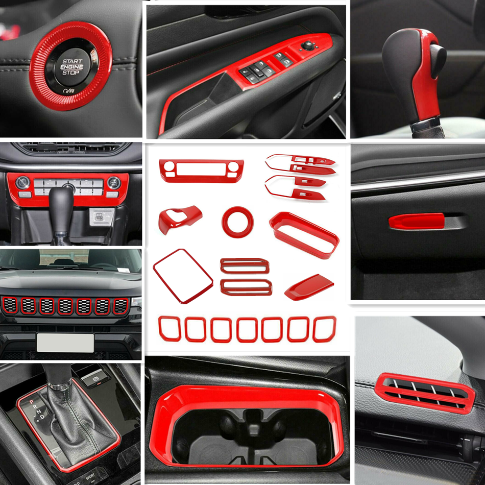 19PCS FITS For 2022 Jeep Compass Accessories ABS Red Car Interior Kit Cover Trim