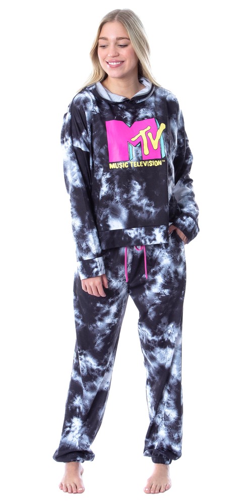 MTV Music Television Tie Dye Womens' Pajama Loungewear Hooded Jogger Set (L)