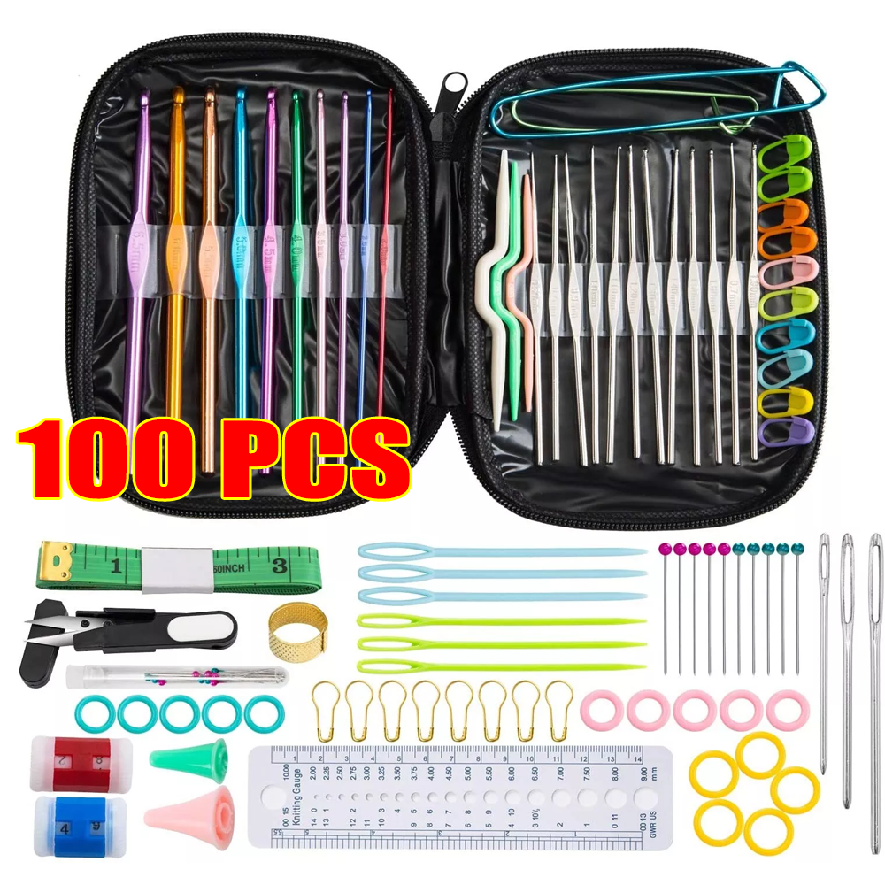 100pcs Colorful Aluminum Crochet Hooks & Knitting Needles Weaving Craft Set