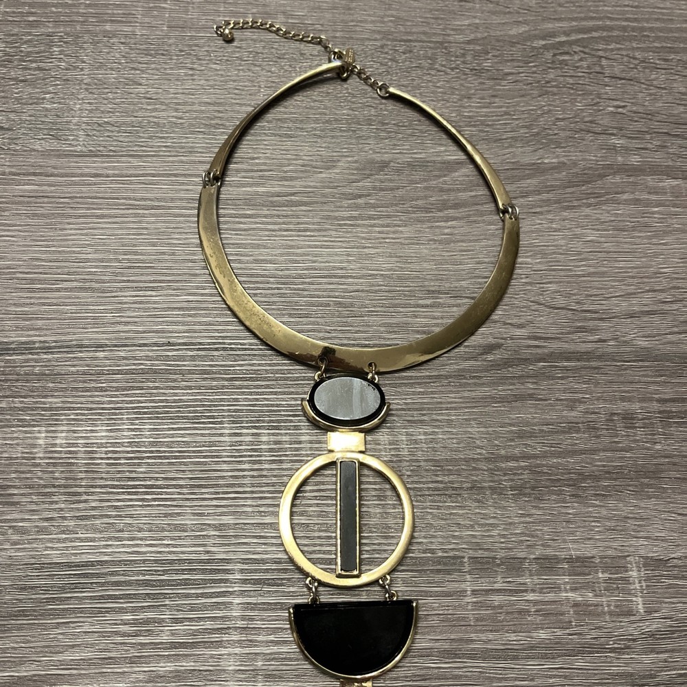 Vintage Gold Tone Geometric Collar Necklace Black Inlay
