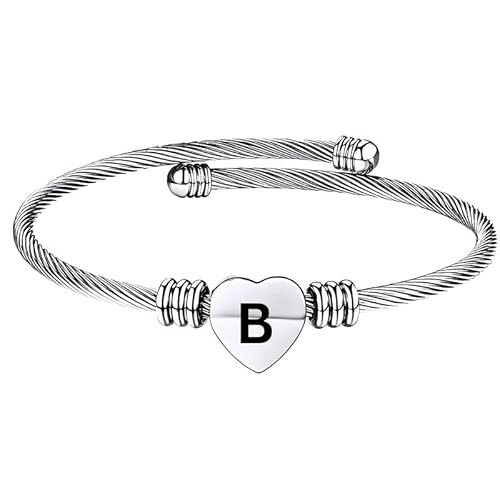 Stainless Steel Heart Word-B Bracelet Engraved Charm Bracelet for Women Silver