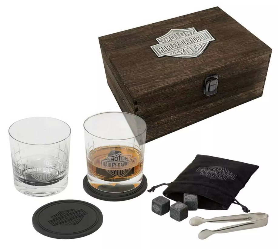 Harley-Davidson Bar & Shield Logo Whiskey Glass Set in Wooden Gift Box
