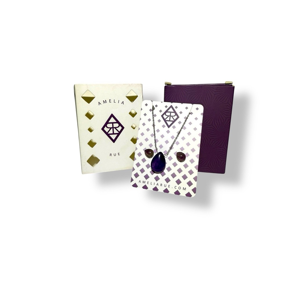 Amelia Rue Silver Stud Earrings and Purple Teardrop Stone Necklace Set