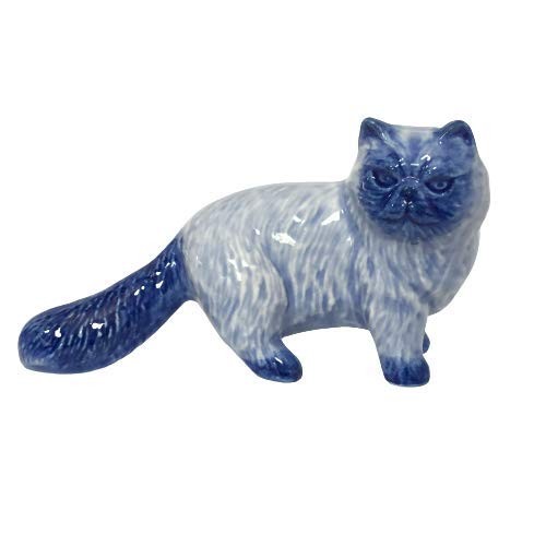 Ceramic Persian cat Figurine Dollhouse Delft Blue White Collectible Miniature...