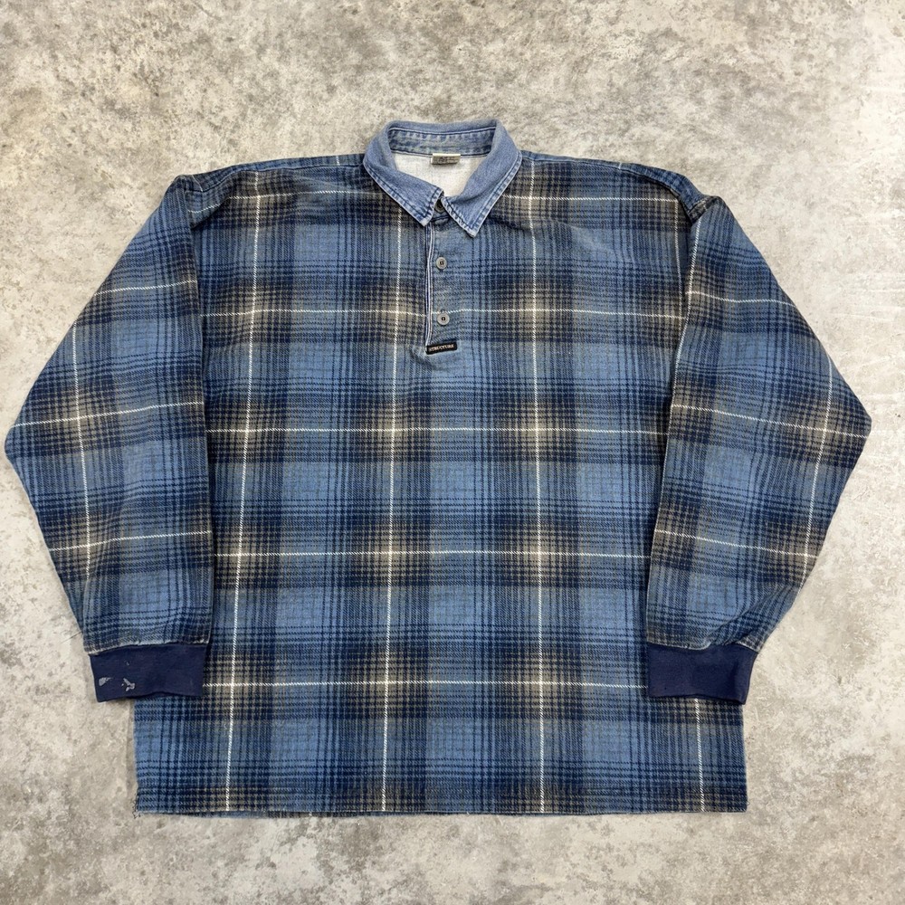 Vintage Structure Sweatshirt Mens Large plaid pullover denim collar 90s USA made