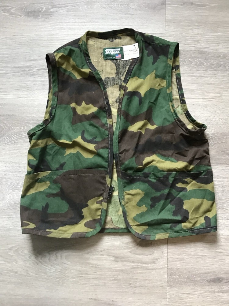 Chaleco de tiro de caza SafTbak vintage para hombre M verde camuflaje cremallera completa hecho en EE. UU.
