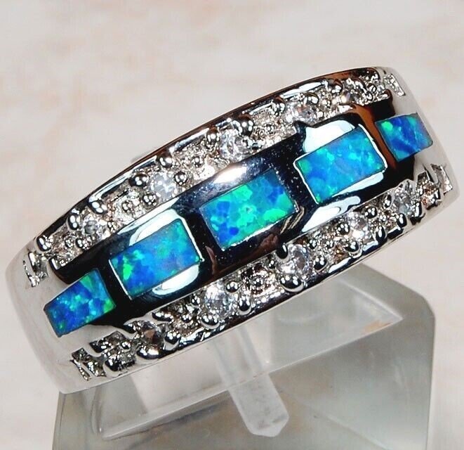 Luxury Australian Opal Inlay & White Topaz 925 Sterling Silver Ring Size 8 TD1