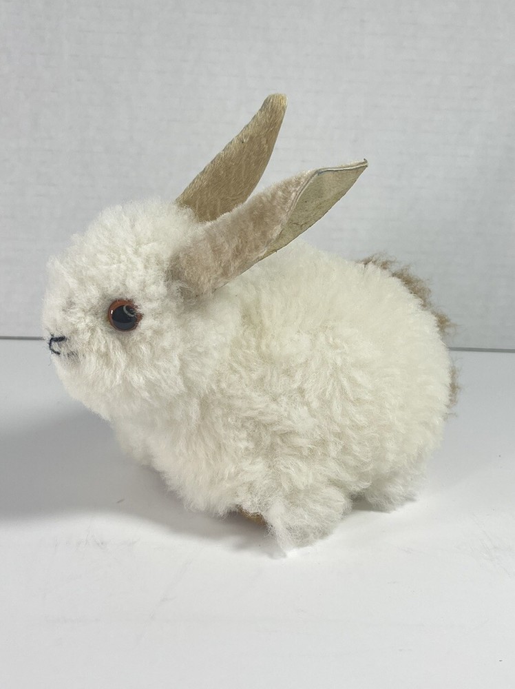 Alpaca Wool Bunny Rabbit Plush Toy White With Brown Tail 6x6.5” Soft Fluffy