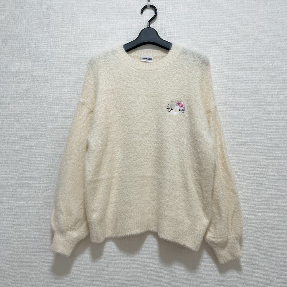 Hello Kitty Sanrio Embroidered Knit Sweater Woman Size M Ivory 50th Kawaii Japan