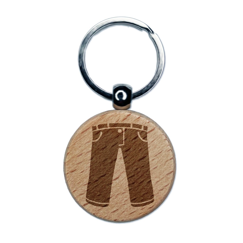 Pants Jeans Trousers Clothes Laundry Engraved Wood Round Keychain Tag Charm