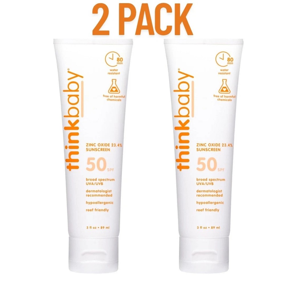 2 Pack Thinkbaby SPF 50+ Baby Sunscreen Safe Natural Sunblock 3 oz