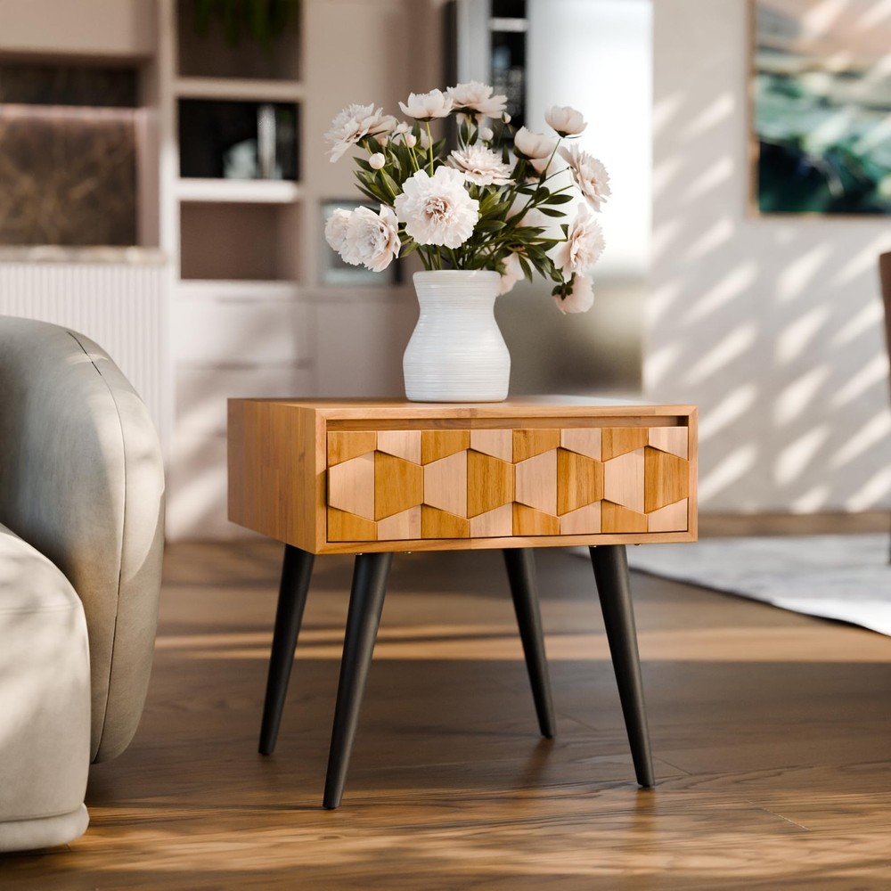 Georgina Solid Wood Nightstand with Drawers Fully Assembled Rustic Geometric Design