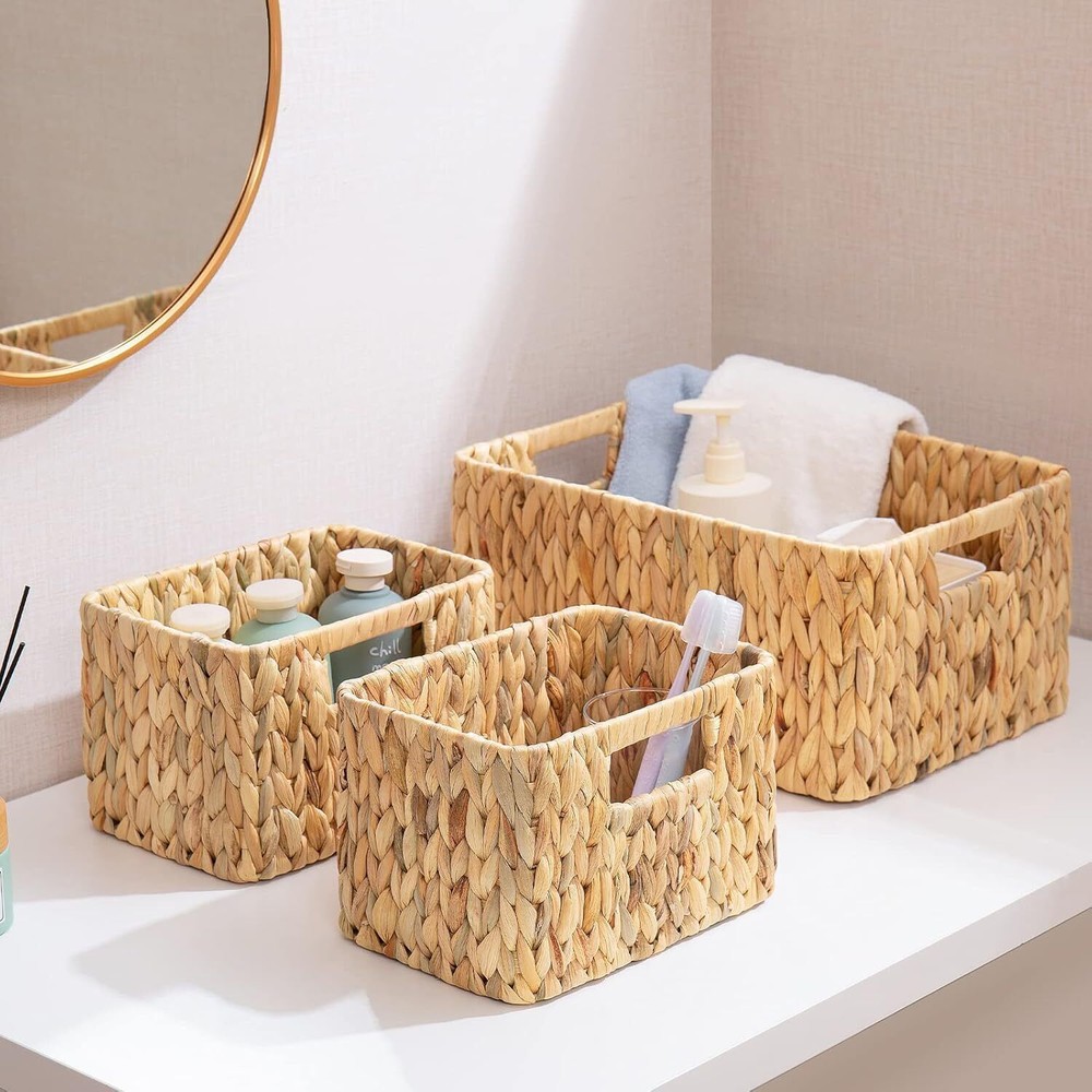 Water Hyacinth Storage Baskets with Built-in Handles, 3 Pack
