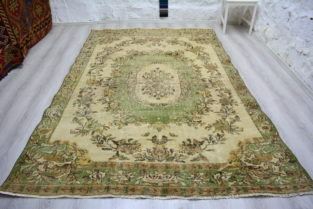 Vintage Faded Green Area Rug, 5.5x8.7ft, Antique Turkish Handmade Medallion Rug,