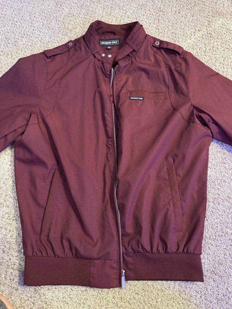 Men's Burgundy Members Only Bomber Jacket Medium Zip-Up Retro Racer Style-image