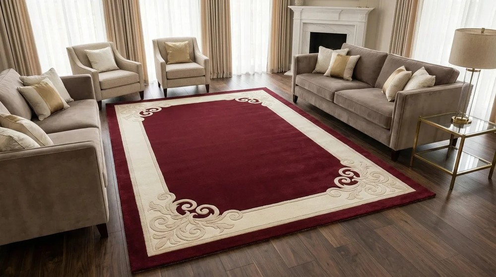 Luxurious Burgundy Border Area Rug  Elegant Scroll Design Carpet for Living Room