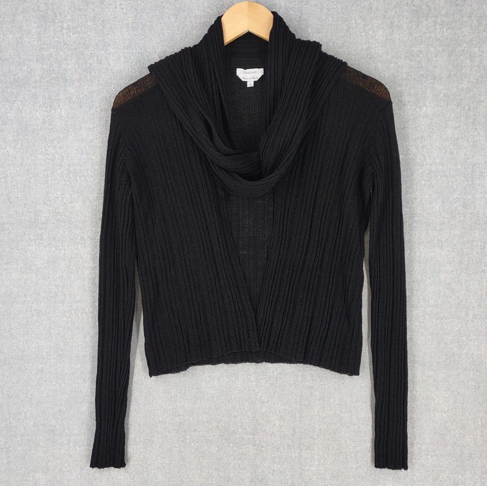 Max Mara Sweater Small Black Sheer Ribbed Cropped Cardigan Attached Scarf