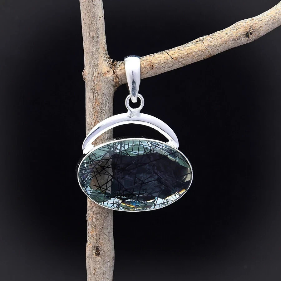New Rutilated Quartz Fancy Oval Cut Sterling Silver Pendant Multi Gemstone