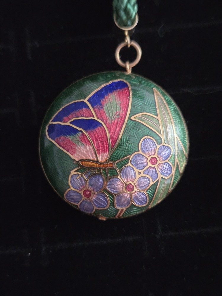 Large Vintage Cloisonne Enamel Pendant Necklace Puffy Green Butterfly