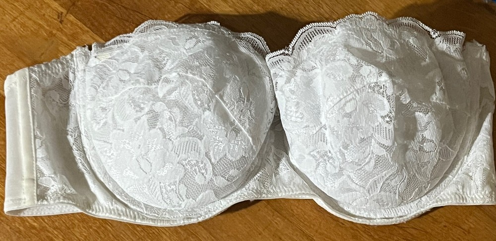 Vintage 90s Bra WHITE Strapless Lace Underwire Push up Padded 36C Wide Strap VTG