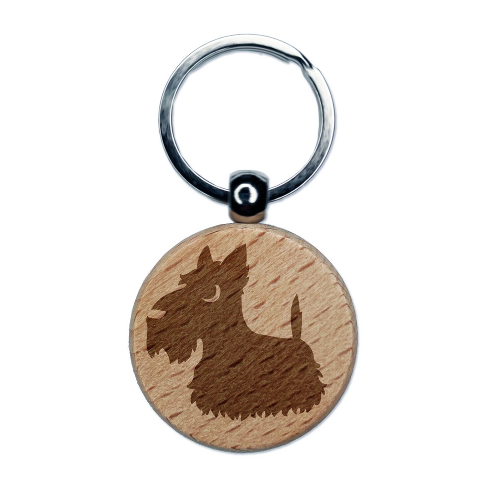 Delightful Cartoon Scottish Terrier Engraved Wood Round Keychain Tag Charm
