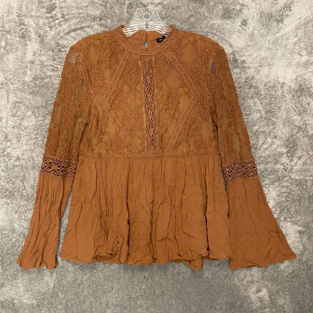 American Eagle Women Rust Brown Lace Boho Romantic Sheer Bell Sleeve Top S