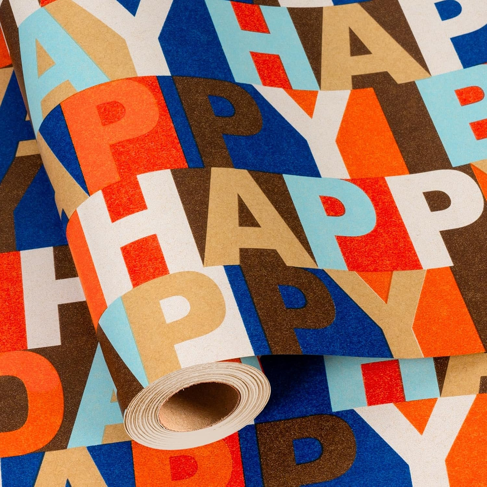 Happy Birthday Wrapping Paper Roll, Colorful Kraft Birthday Gift Wrap for Men Bo