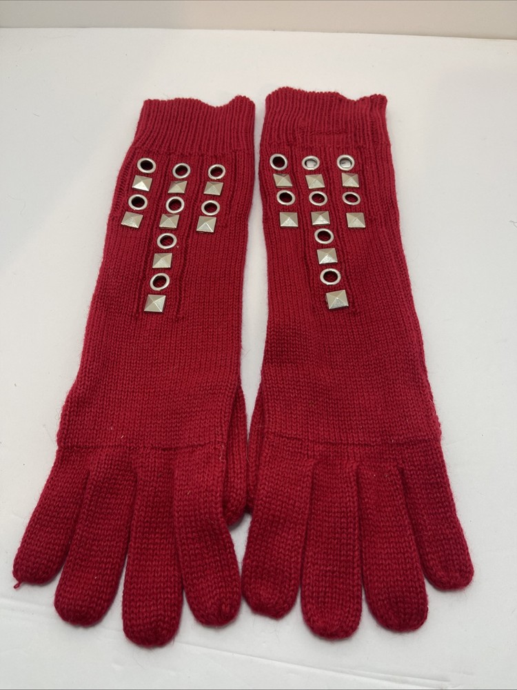 Bisou Bisou Women's Long Red Studded Knit Gloves with Silver Grommets