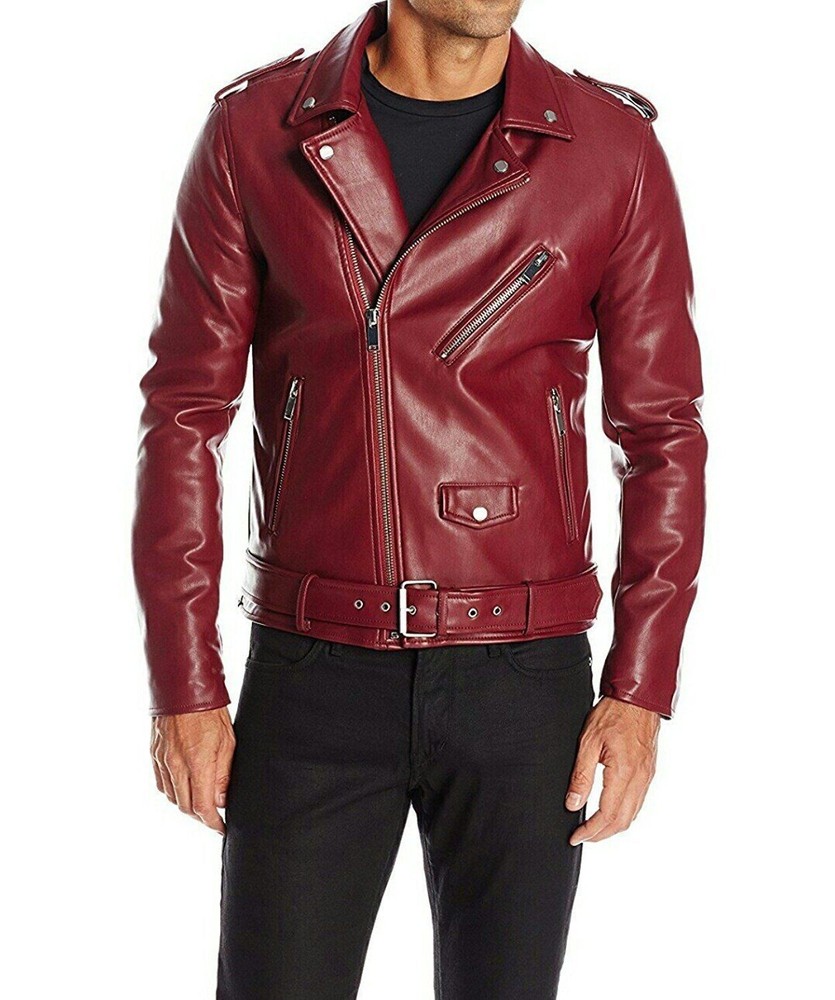 Mens Burgundy Leather Jacket Slim Fit Party Wear Jacket Gift For Him MMJ1h