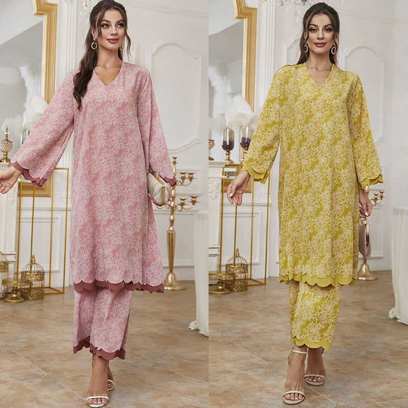 Islamic Women Printed Two Piece Long Sleeve Tops Pants Set Loose Tracksuit Cloth