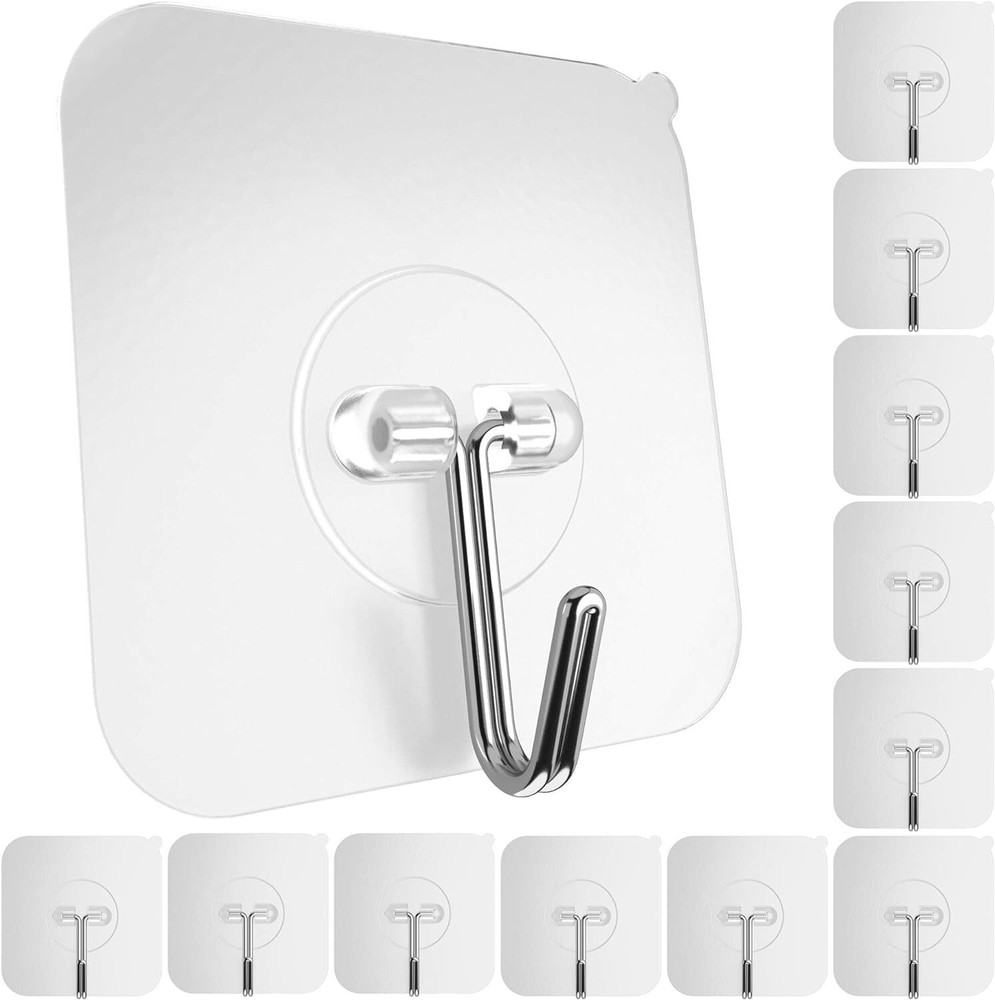 GLUIT Adhesive Wall Hooks for Hanging Heavy Duty 12 Medium Hooks, Transparent