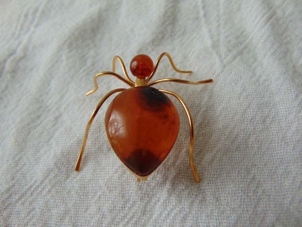 antique vintage signed genuine Baltic Amber Spider brooch Russian made