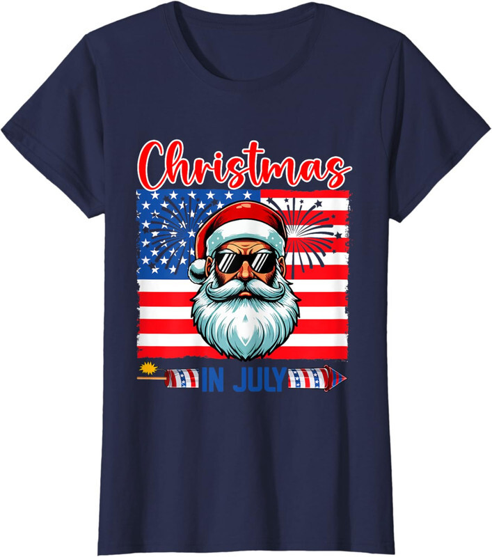 Christmas In July Santa Sunglasses Funny US Flag Ladies' Crewneck T-Shirt