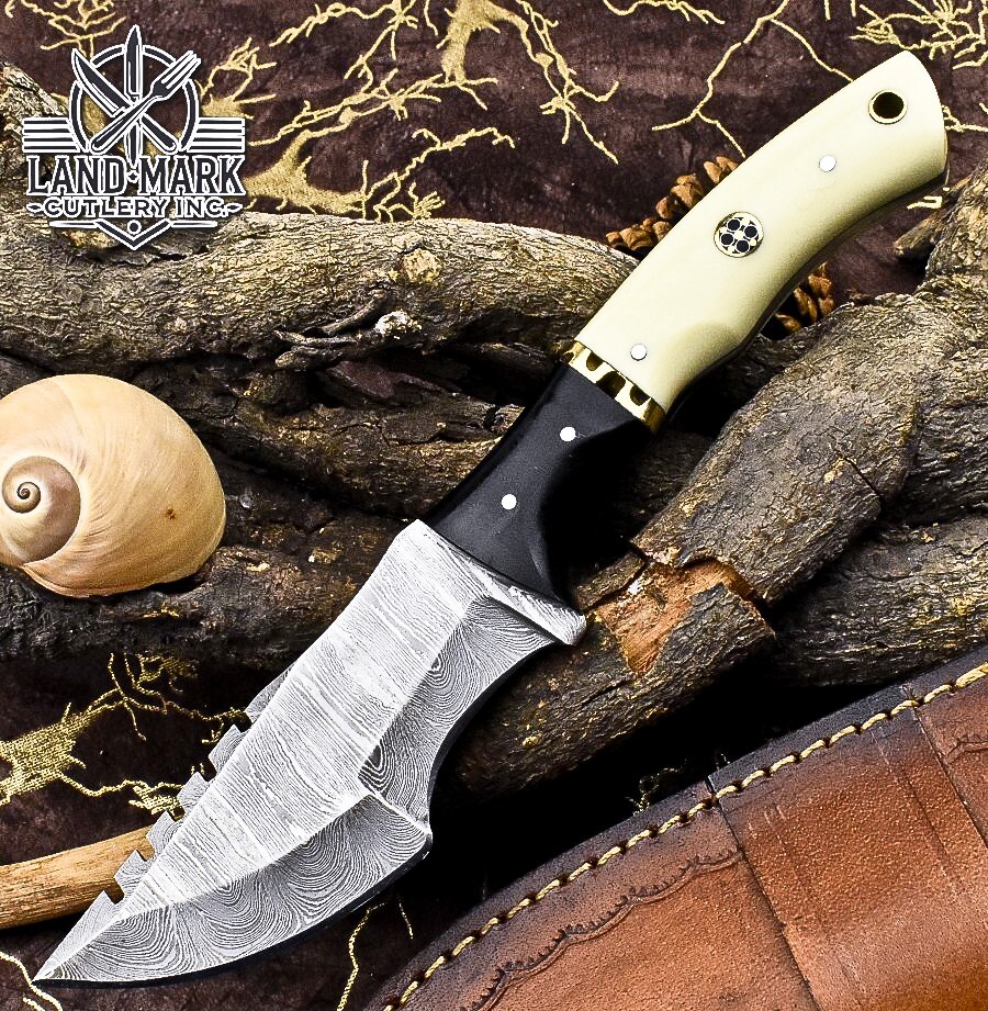 Handmade Damascus Steel Hunting Knife with Sheath and Bone Handle