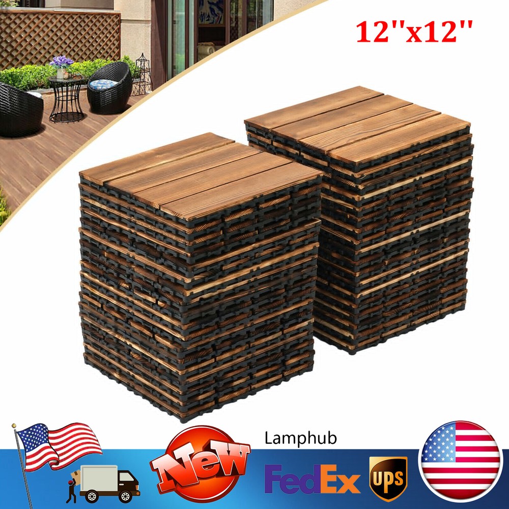 36Pcs Hardwood Interlocking Patio Deck Tiles Wood Flooring DIY Outdoor 12''x12''