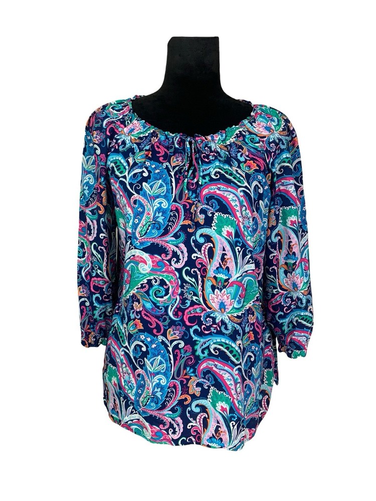 Talbots Size Petites M Colorful Paisley Soft Rayon Keyhole Neck Blouse